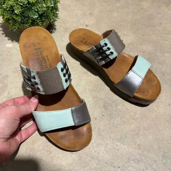 Naot Lena Two Strap Leather Slip On Slide Sandals Size 6 Teal Blue Green Spring - Picture 1 of 6